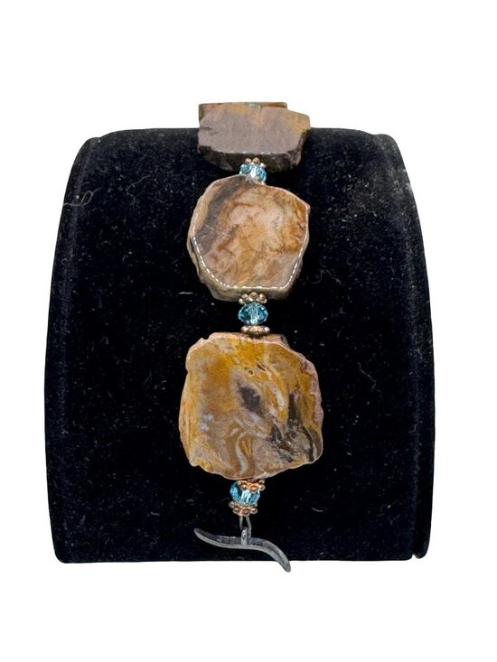 Estate Jewelry - Vtg Petrified Wood Slab Panel Blue Crystal Bracelet Sterling Silver Leaf Clasp
